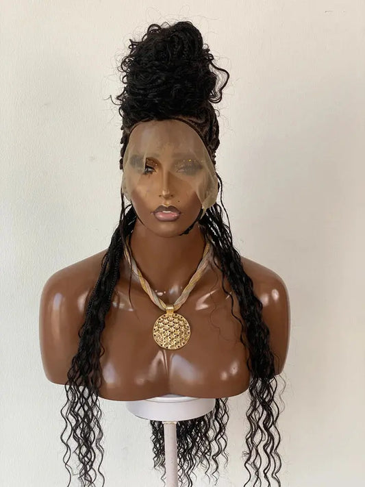 Full Lace Mohawk Wig - Human Hair, Curly Boho Style with Cornrows HBL Hair Extensions